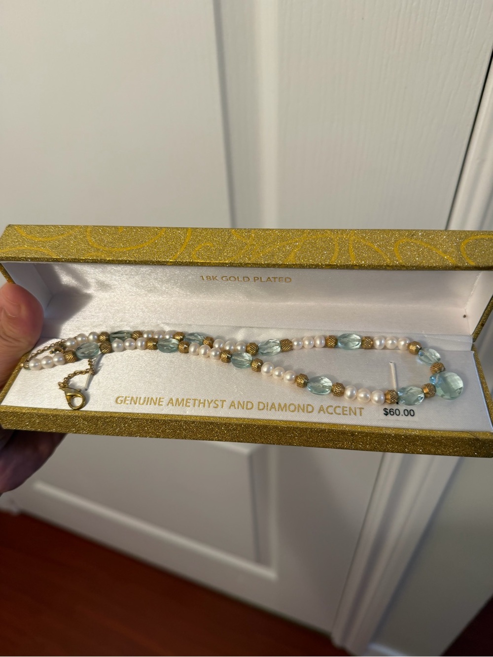 18K Gold Plated Pearl and Aquamarine Bead Necklace - Genuine Amethyst Accent